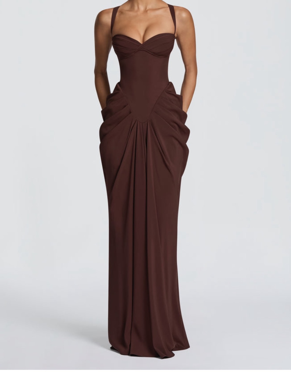 Chocolate Brown Draped Maxi Dress with Sweetheart Bodice